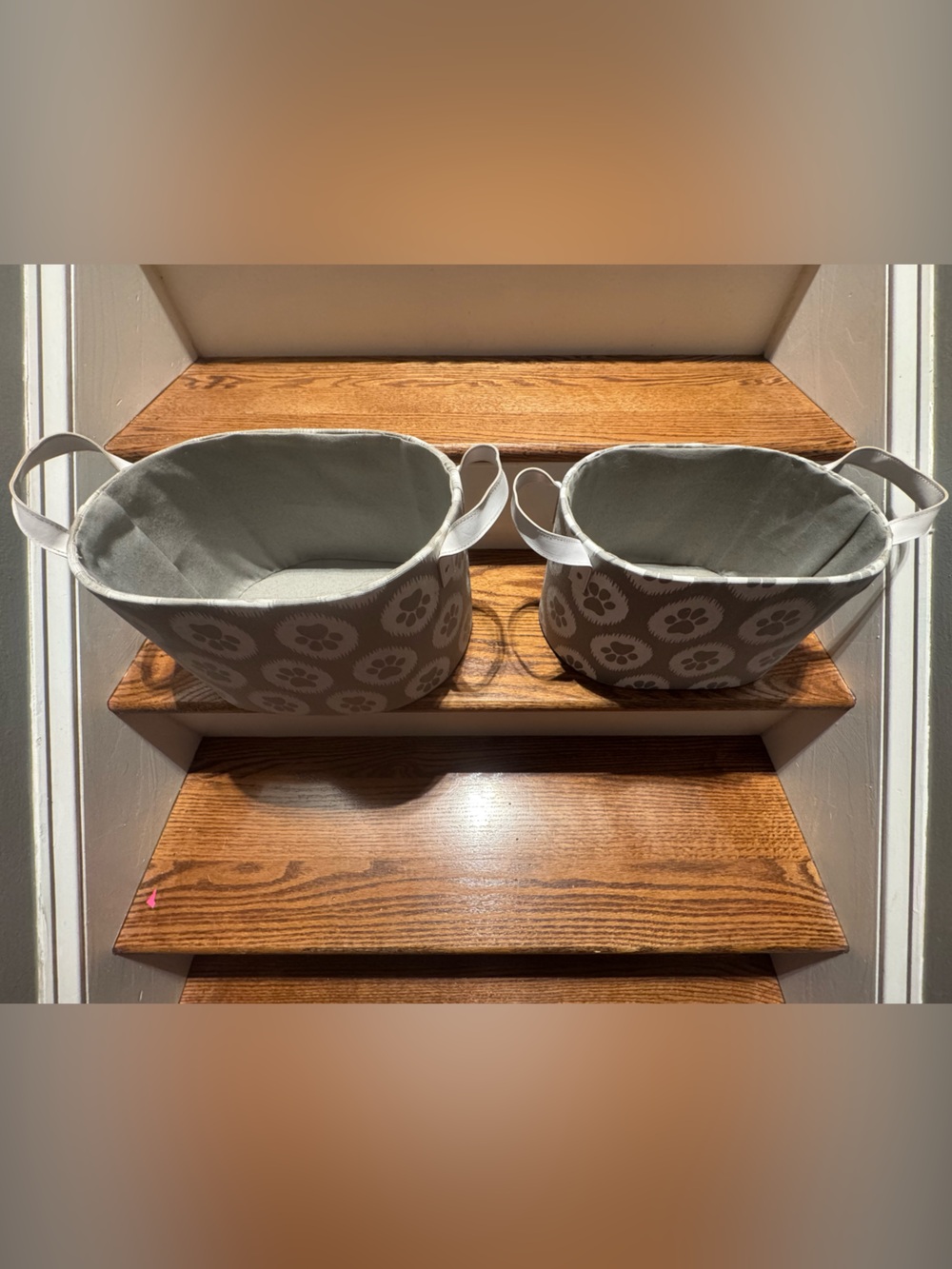 Set of gray & white paw print canvas storage baskets with white leather handles